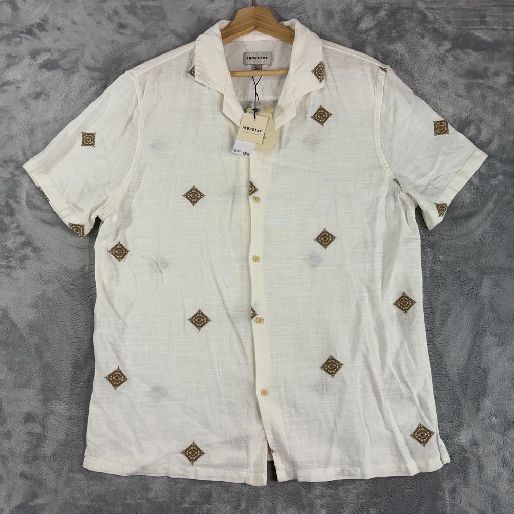 Industry Men's XL Embroidered Camp Collar Shirt Linen Blend White Tan NEW